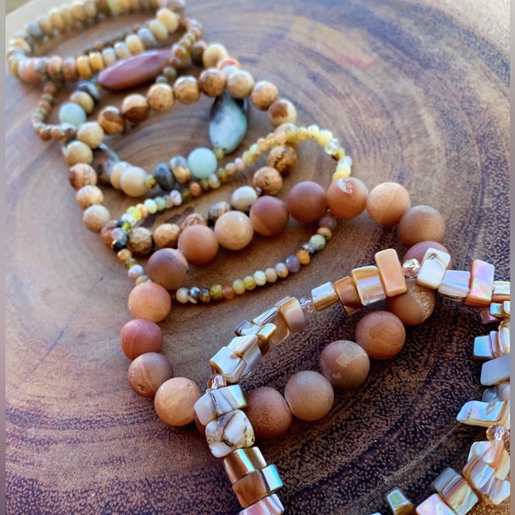 Natural Multicolored Agate, Amazonite & Unakite Gemstone Mix Bead Bracelet Stack - Picture 4 of 10